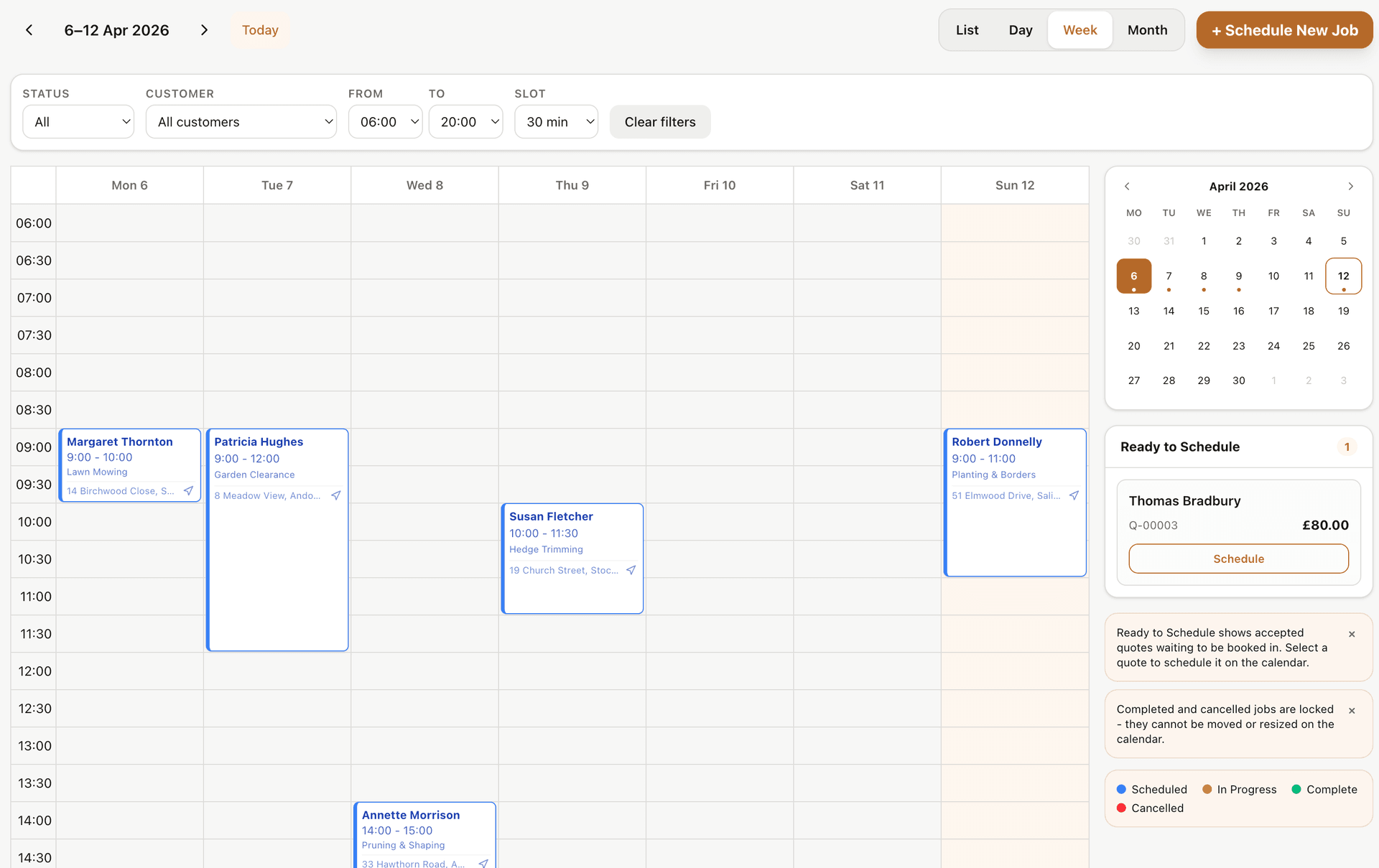 MyTradePlatform dashboard showing today's schedule